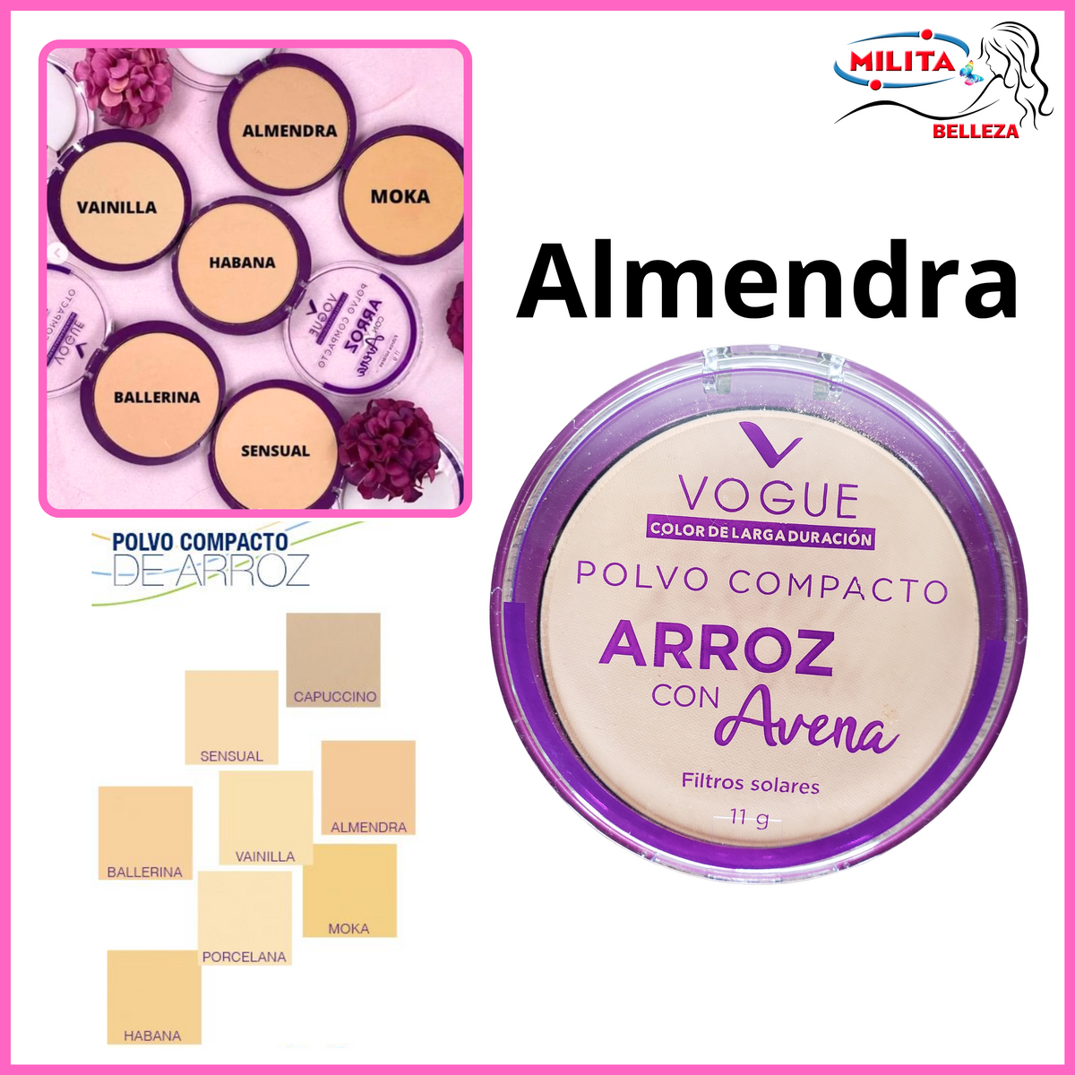 Polvo - Polvo Compacto Arroz Con Avena Tono Almendra Vogue 14g