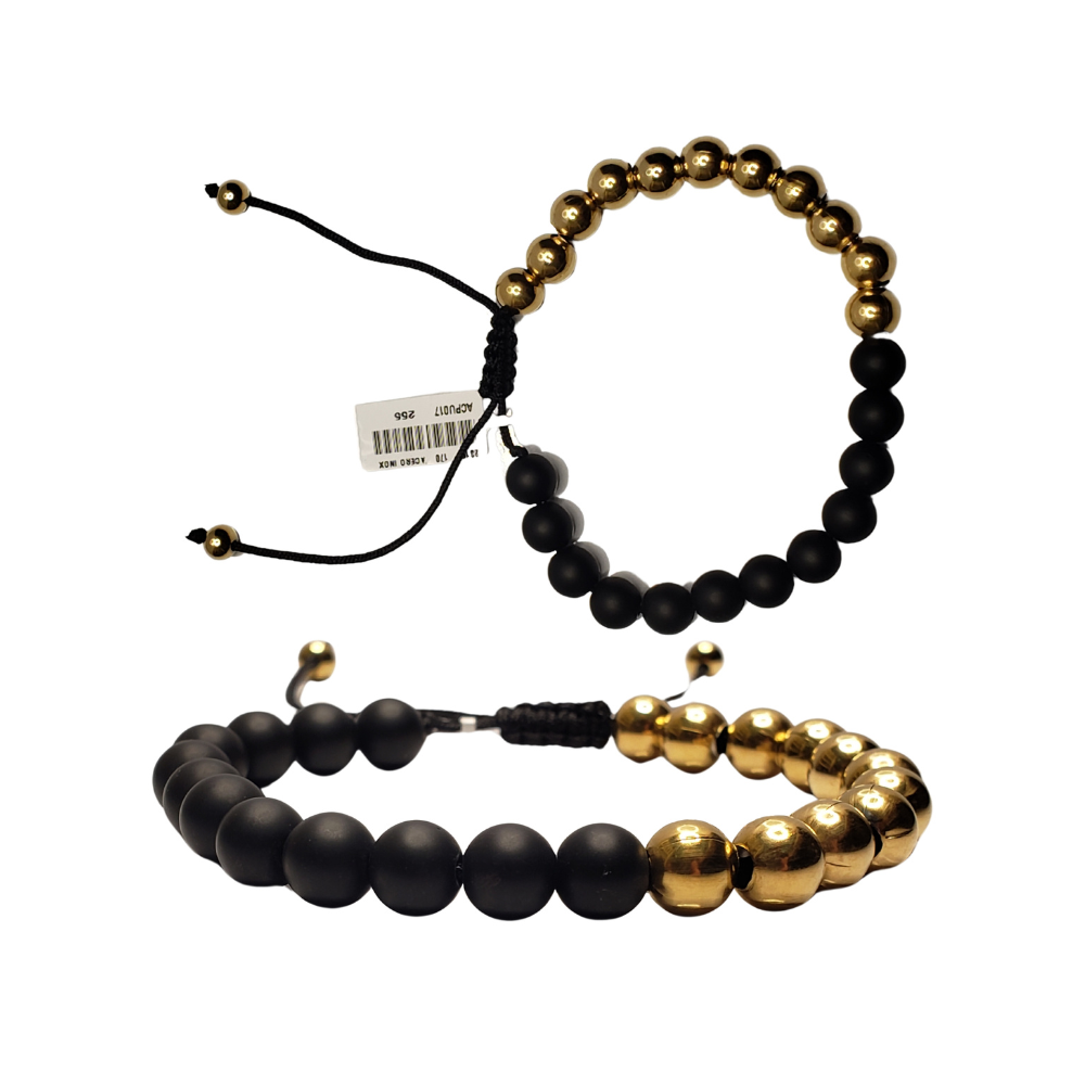 Pulsera de hombre - Ajustable de perlas negro y dorado