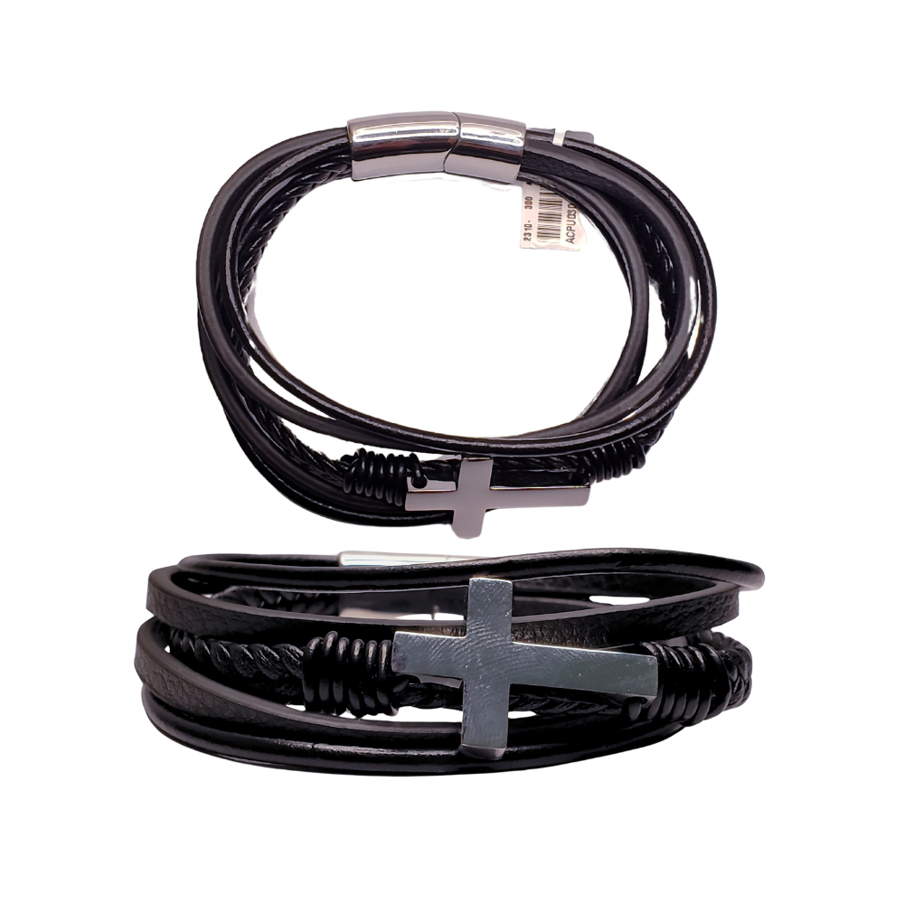 Pulsera de hombre - De varias hileras de cuero negro con cierre de acero cruz gruesa