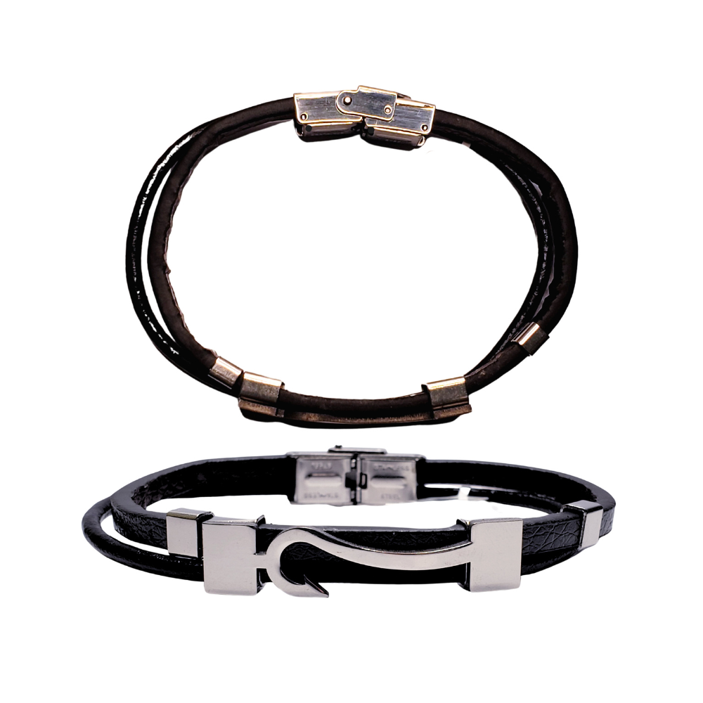 Pulsera de hombre - De varias hileras de cuero negro y cierre de acero