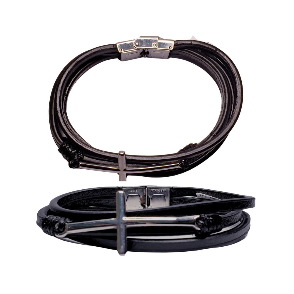 Pulsera de hombre - Varias hileras de cuero negro con cierre de acero