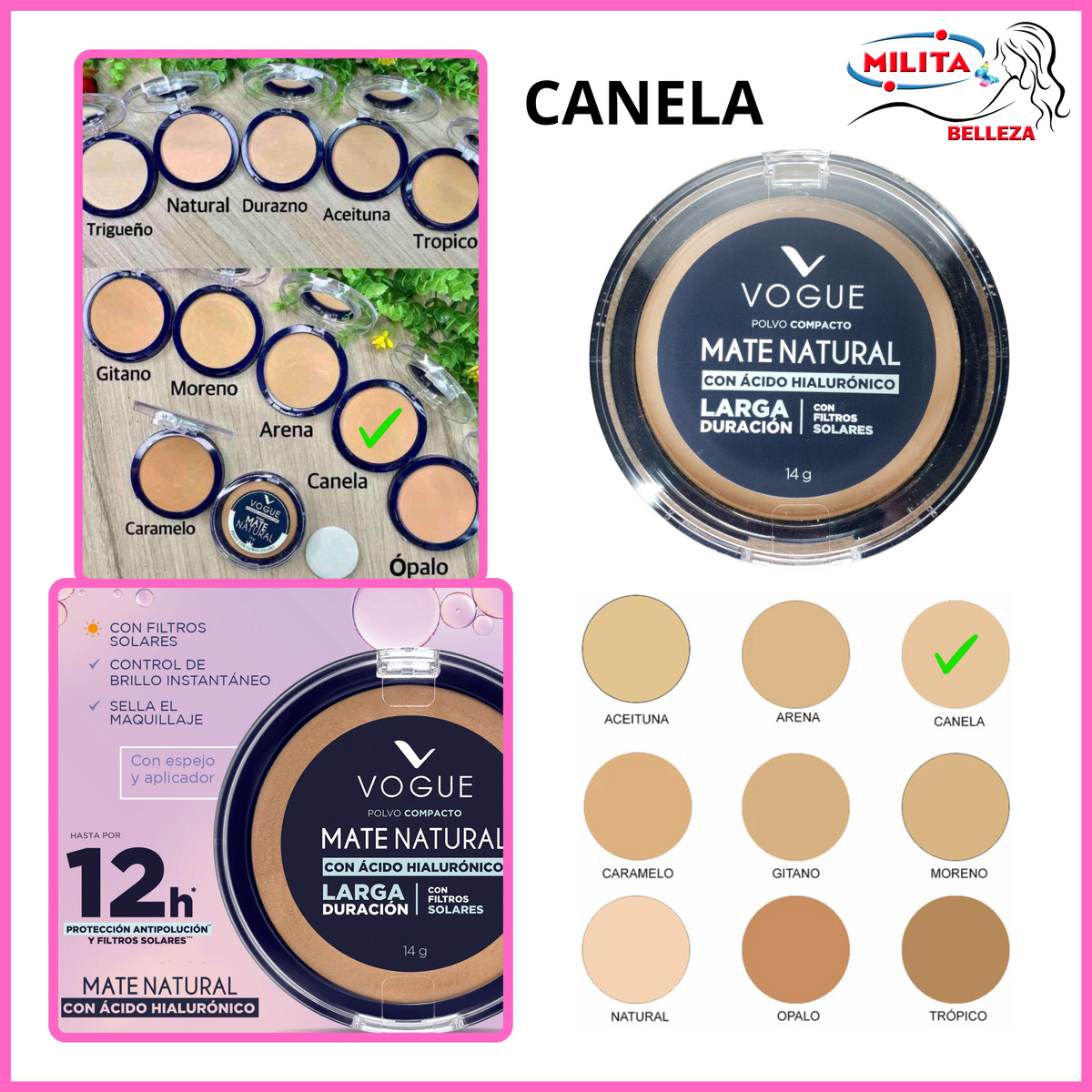 Polvo - Polvo Compacto Matte Natural Larga Duracion Tono Canela Vogue 14g