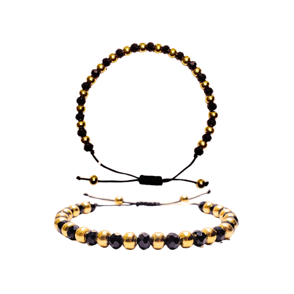 Pulsera de hombre - Ajustable de perlas negro y dorado