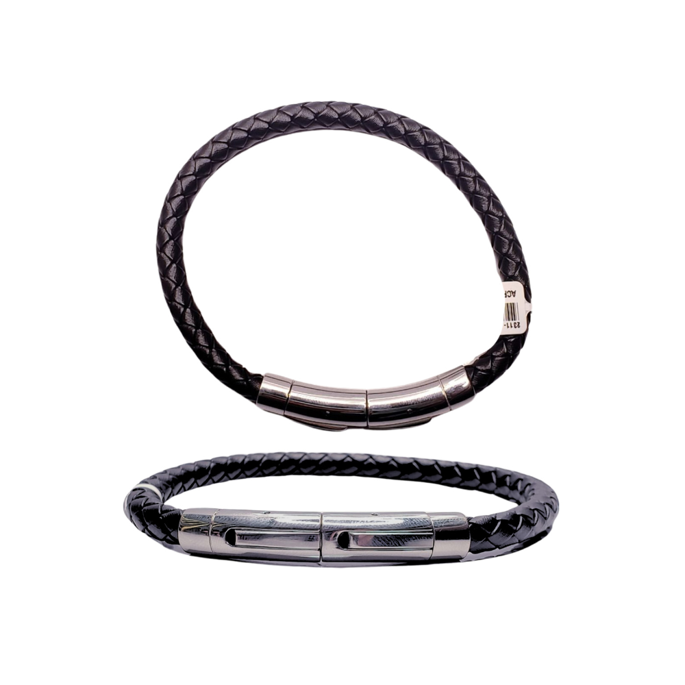Pulsera de hombre - De acero inoxidable y cuero negro