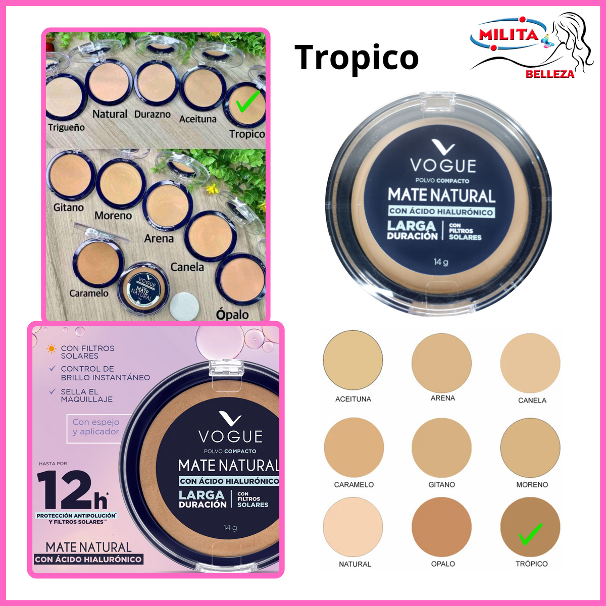 Polvo - Polvo Compacto Matte Natural Larga Duracion Tono Tropico Vogue 14g