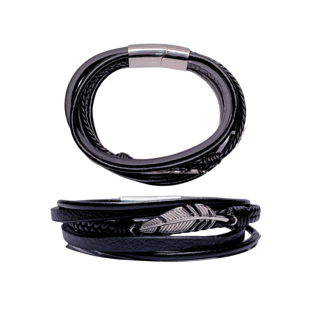 Pulsera de hombre - De varias hileras de cuero negro con cierre de acero y pluma