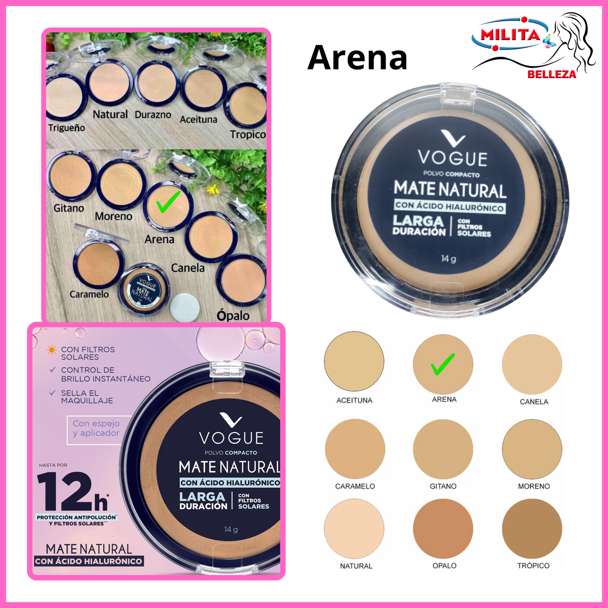 Polvo - Polvo Compacto Matte Natural Larga Duracion Tono Arena Vogue 14g