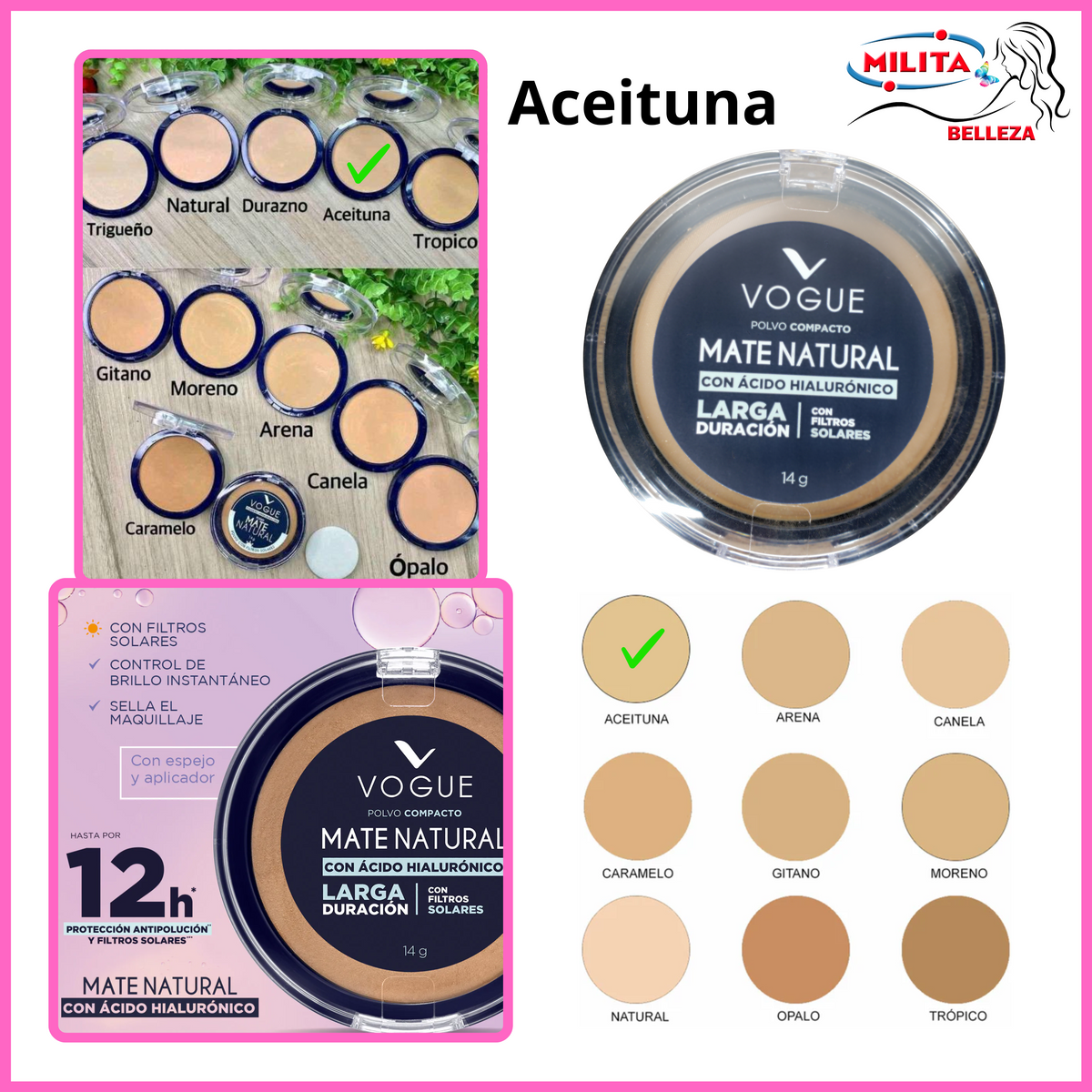 Polvo - Polvo Compacto Matte Natural Larga Duracion Tono Aceituna Vogue 14g