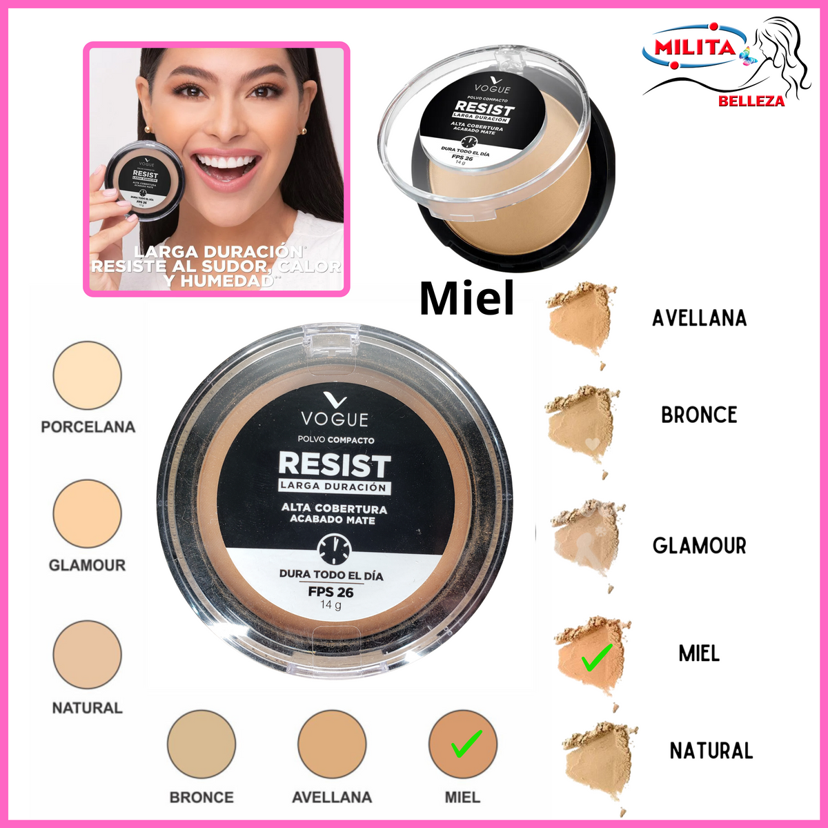 Polvo - Polvo Compacto Matte Natural Larga Duracion Tono Miel Vogue 14g
