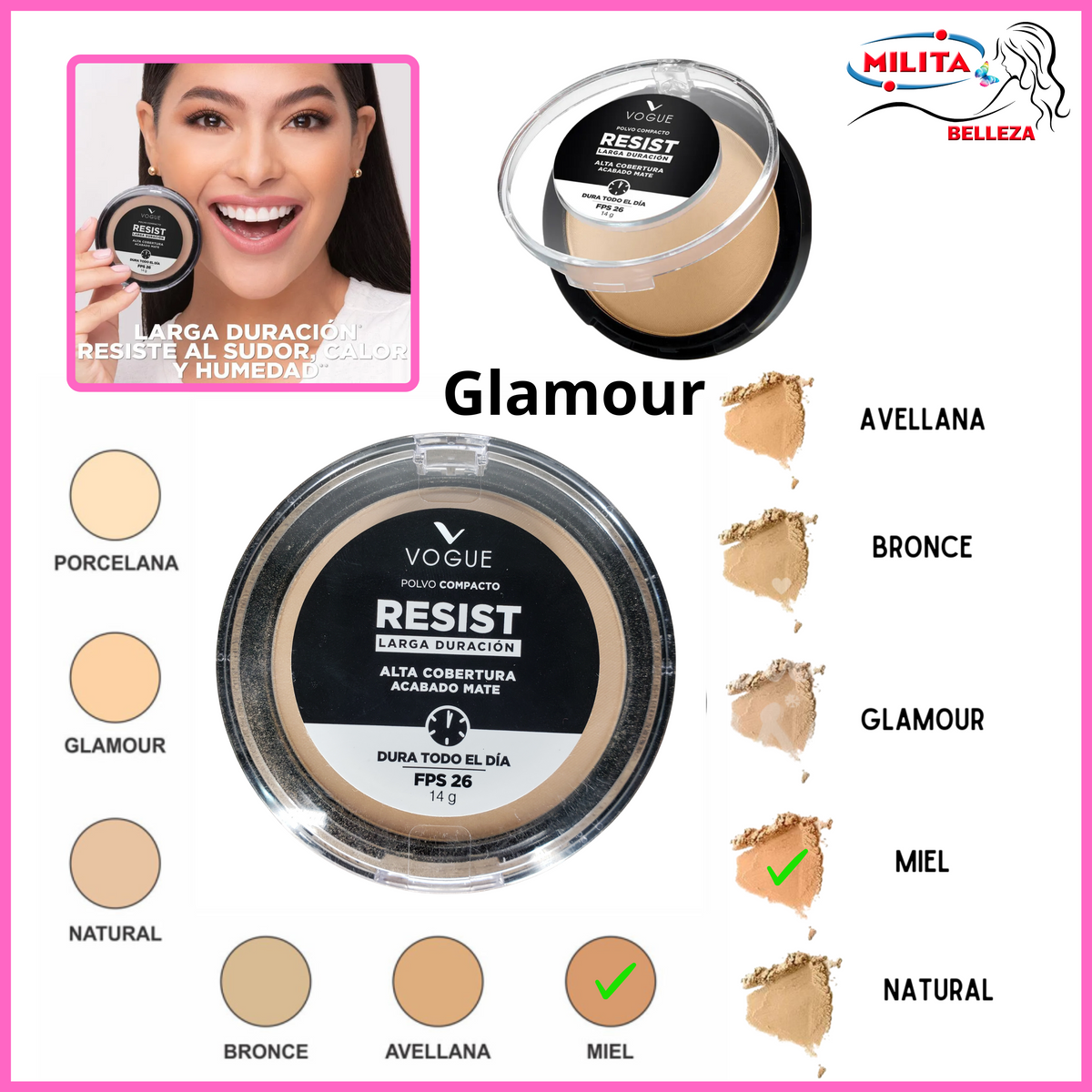 Polvo - Polvo Compacto Matte Natural Larga Duracion Tono Glamour Vogue 14g
